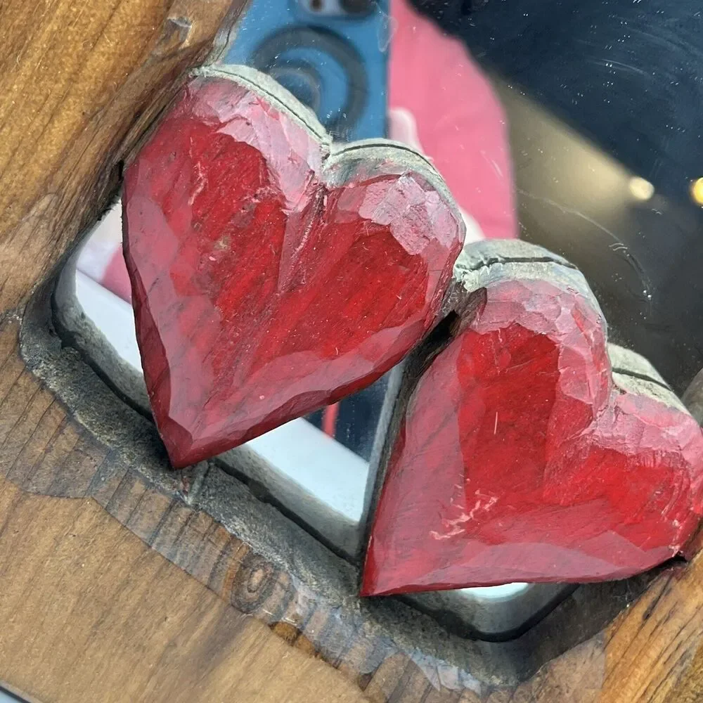 Hand Carved Wood Wall Mirror Double Heart Decorative 10x13